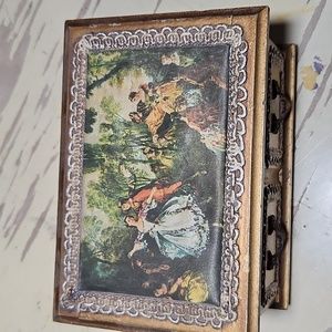 VINTAGE Wood Wind Up Music Jewelry Box Silky Print Antoine Watteau Foote…